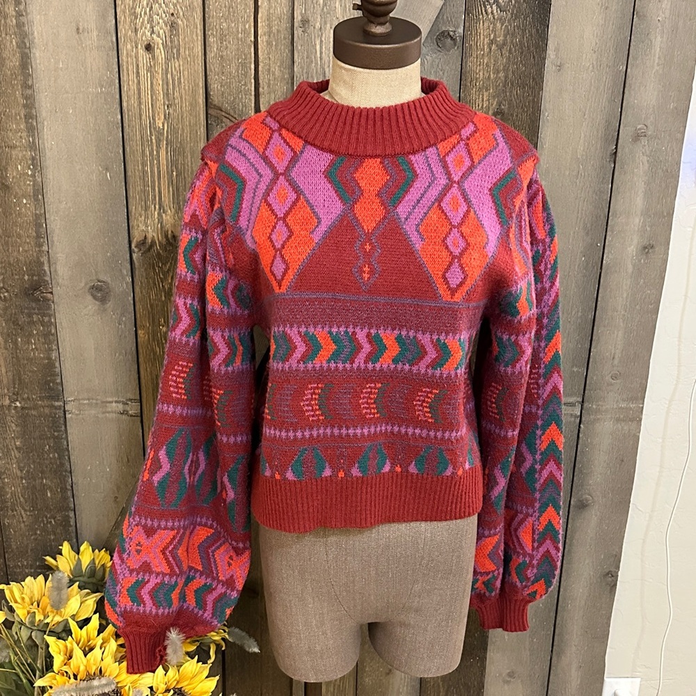 Farm Rio Red Purple Geometric Balloon Sleeve Boho Knit Sweater | Size Small